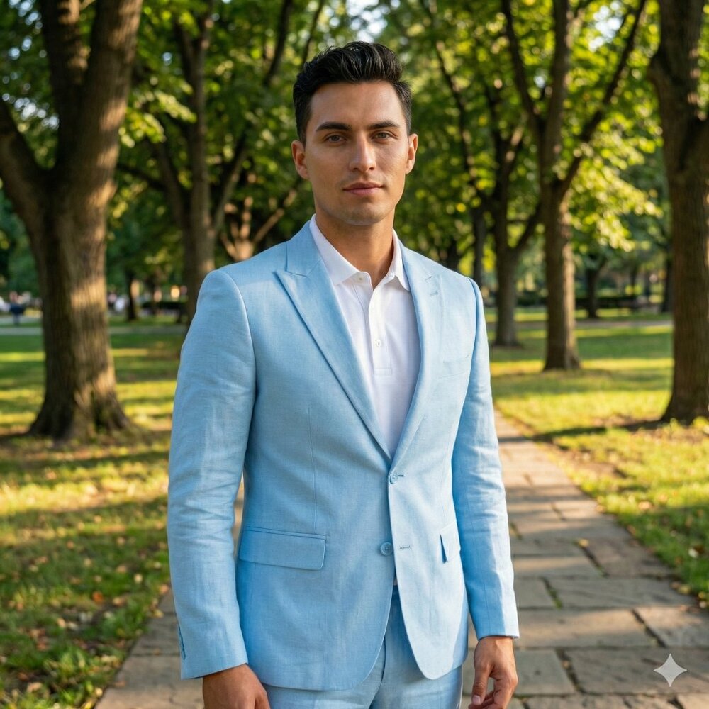 New 2026 Mens 2pc Linen Spring Baby Blue Suit Set, Skinny Fit